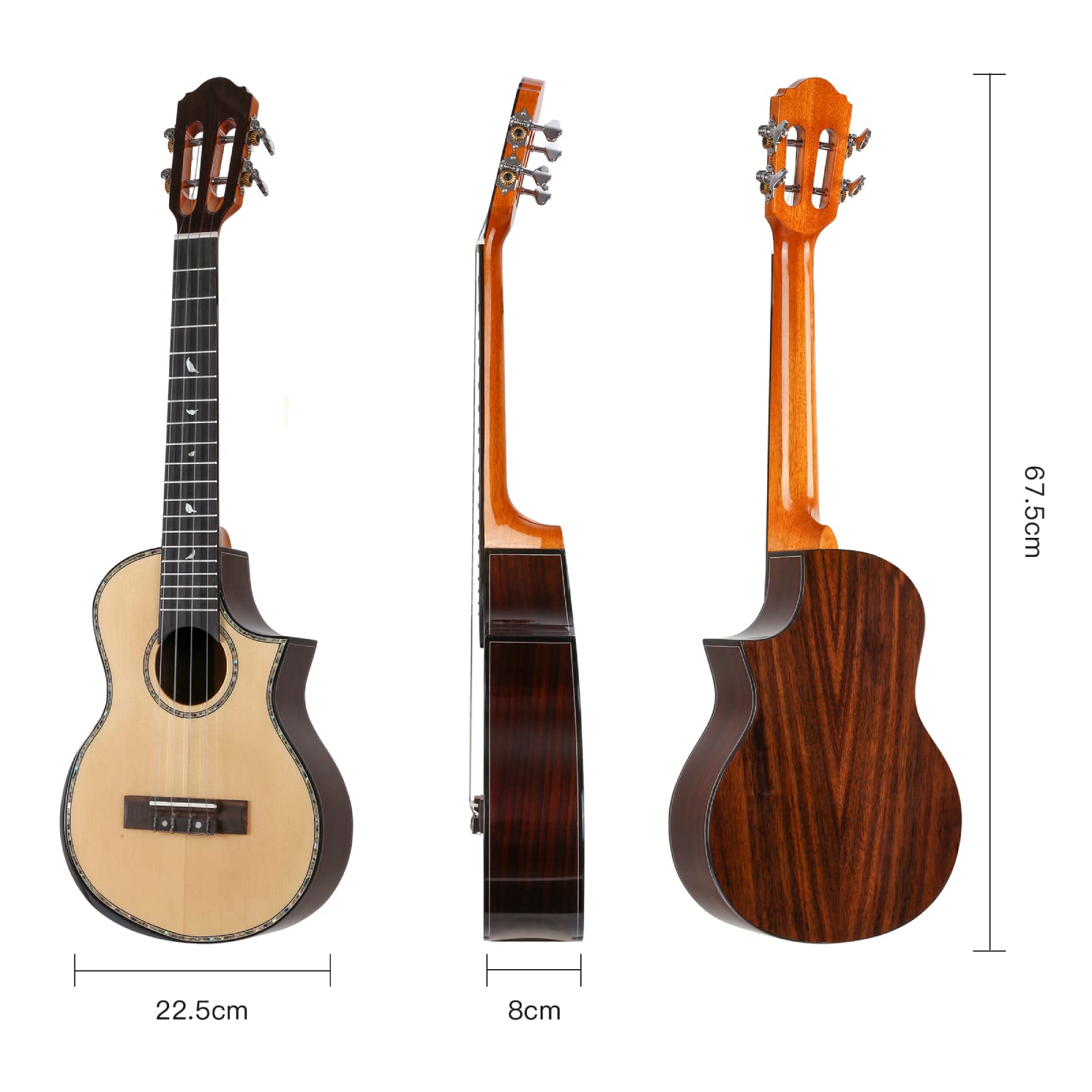 Batking Tenor-Ukulele für Profis aus Massivholz, 66 cm, Hawaii-Design mit Cutaway und Schlitz-Kopfplatte - Inklusive Gigbag