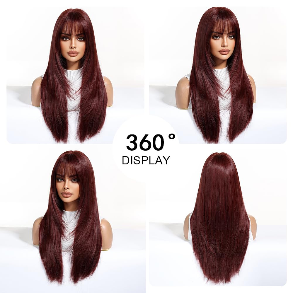 Parrucche Rosso Vino per Le Donne Parrucca Lunga con Frangetta Parrucche Dritte Naturali Parrucche Sintetiche Resistenti Al Calore per La Festa Quotidiana Cosplay Wear