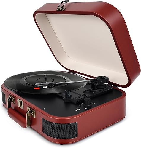 Tocadiscos Vintage Suitcase, tocadiscos portátil Bluetooth de 3 velocidades con altavoces integrados, para discos de vinilo de 71012 pulgadas