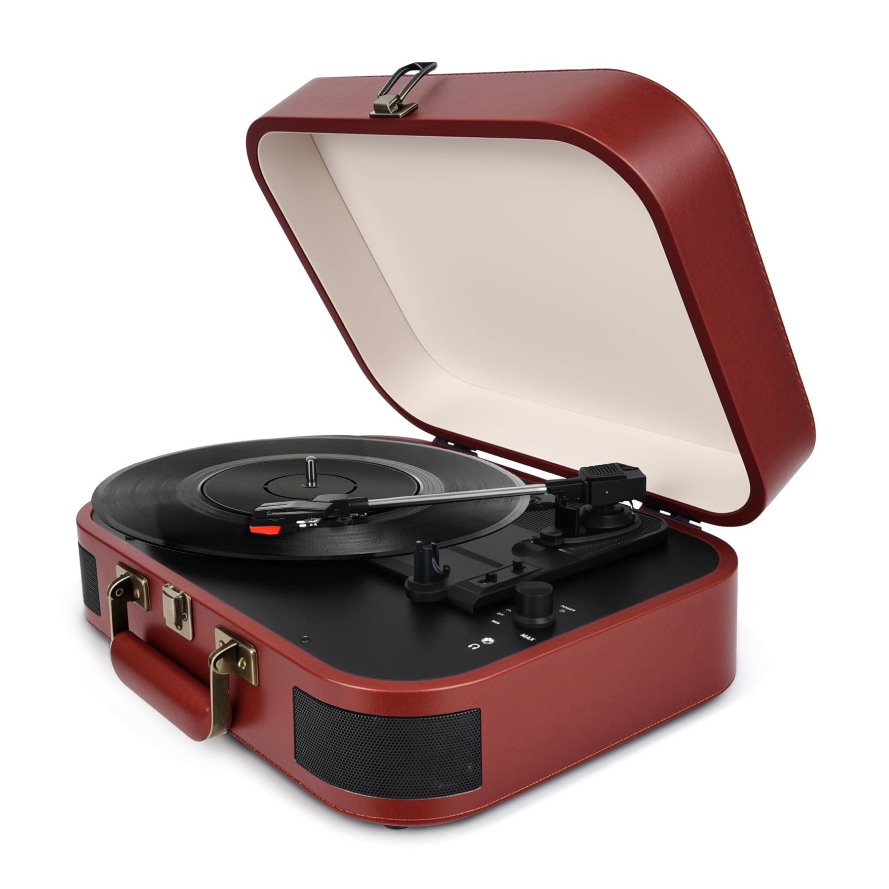 Vintage Suitcase Record Player, 3-Speed Portable Bluetooth Turntable with Built-in Speakers, for 7/10/12" Vinyl Records (Brown)