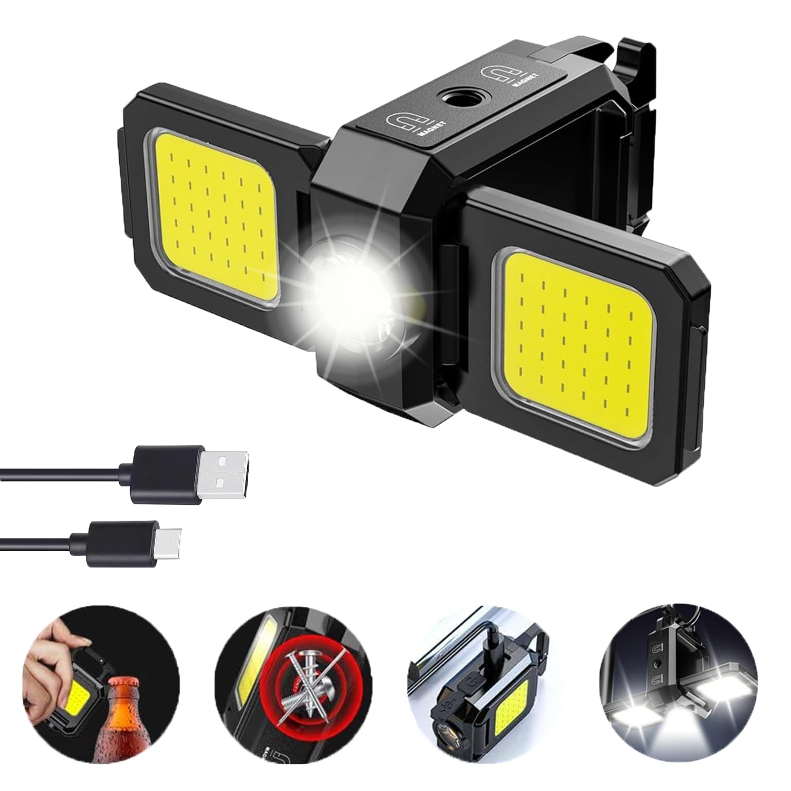 MODOAO Mini Torcia LED COB Portachiavi 1000 Lumen – Ricaricabile USB-C, Pieghevole 90°, Impermeabile IPX5 Con Base Magnetica E Apribottiglie