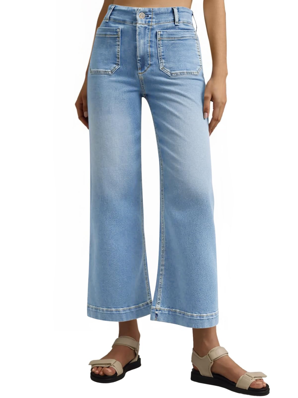 Tankaneo Wide Leg Jeans for Women Trendy High Waisted Flare Stretchy Jeans Cropped Baggy Denim Pants with Front Patch Pockets