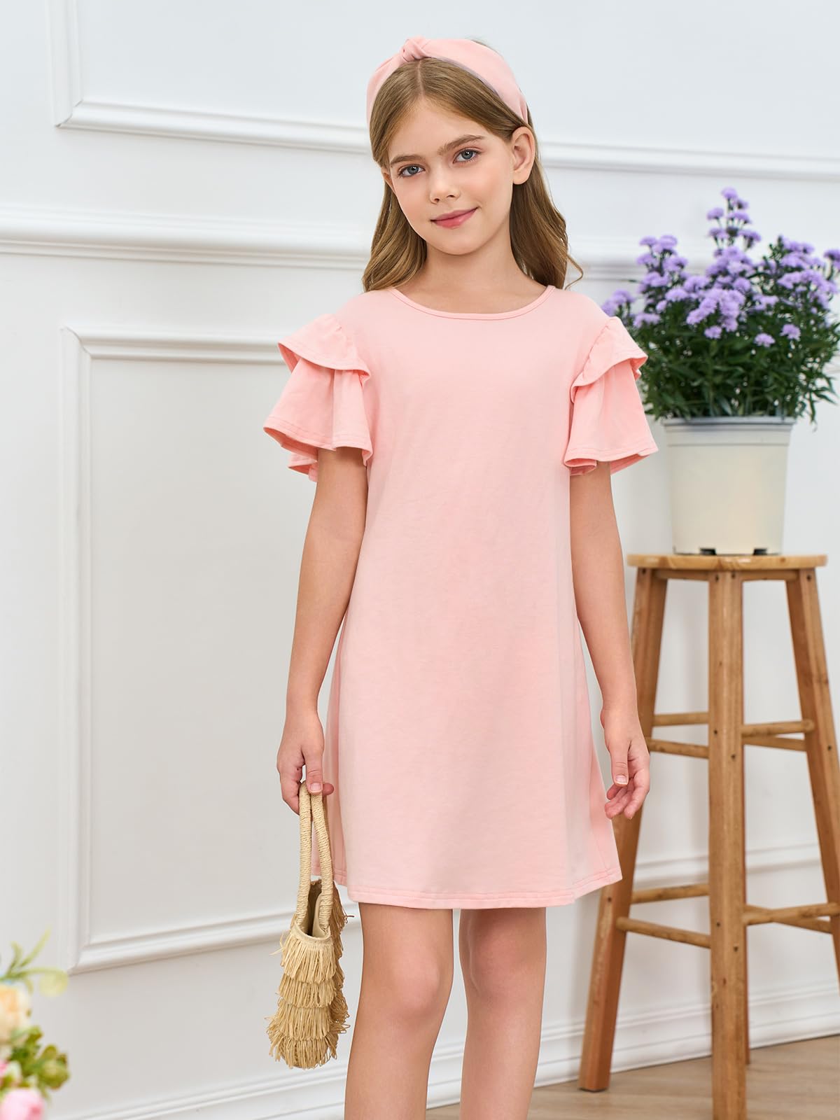 Vestido de niña con mangas con volantes cuello redondo verano línea A monocolor elegante fiesta cumpleaños boda