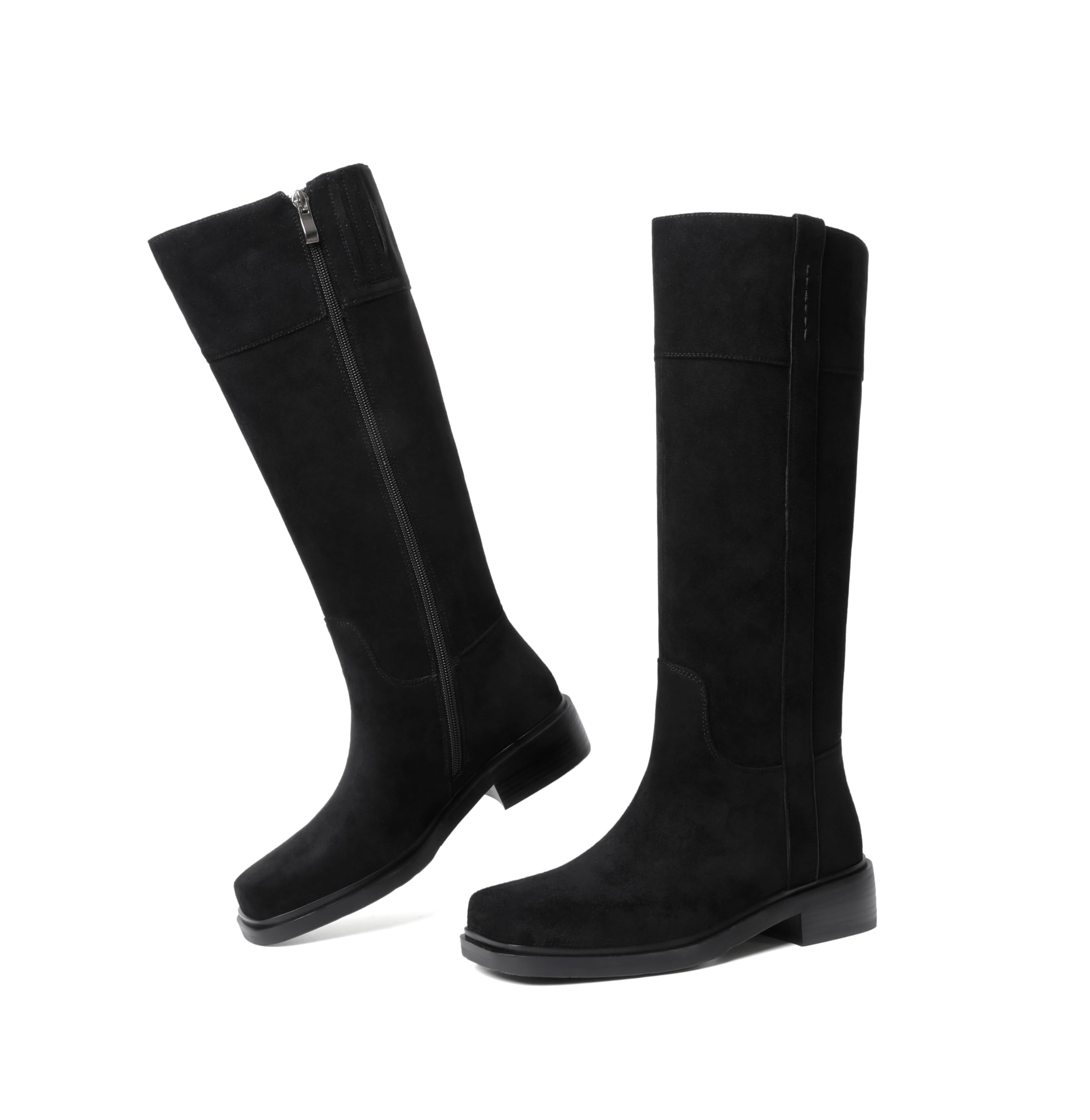 vivianly Womens Knee High Boots Zipper Square Toe Trendy Low Chunky Heels Boots