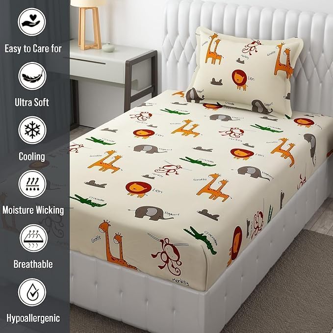 Image of Filymore Kids Animal Single Bedsheet Cartoon Bedcover 240 TC Microfiber Kid Bedspread for Single Size Bed (Size 90 X 60 Inches) 1 Bedsheet with 1 Pillow Cover for Kids Room (Color-Cream)