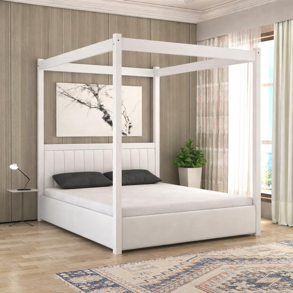 Solid Sheesham Wood Poster Bed for Bedroom | Premium Wooden with Strong Support & Elegant Traditional Design (White, Queen, Design 1)-image-33