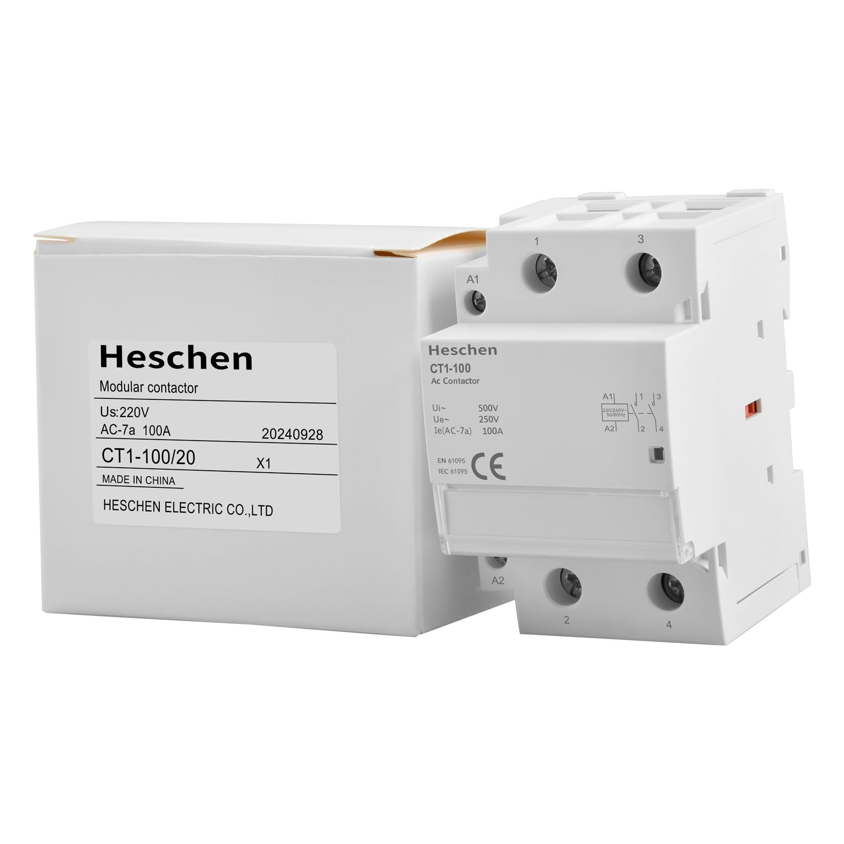 Heschen Contactor de CA para el hogar, CT1-100, 2 polos dos normalmente abiertos, voltaje de bobina de AC 220V/240V, montaje en riel DIN de 35 mm