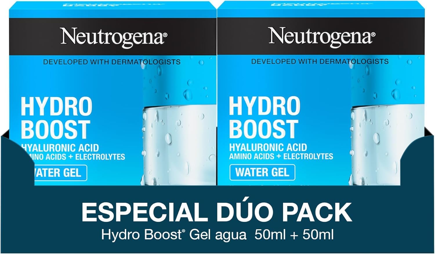 Neutrogena Hydro Boost Gel de Agua (pack ahorro de 2 x 50 ml), crema hidratante facial apta para pieles sensibles, hidrogel con ácido hialurónico
