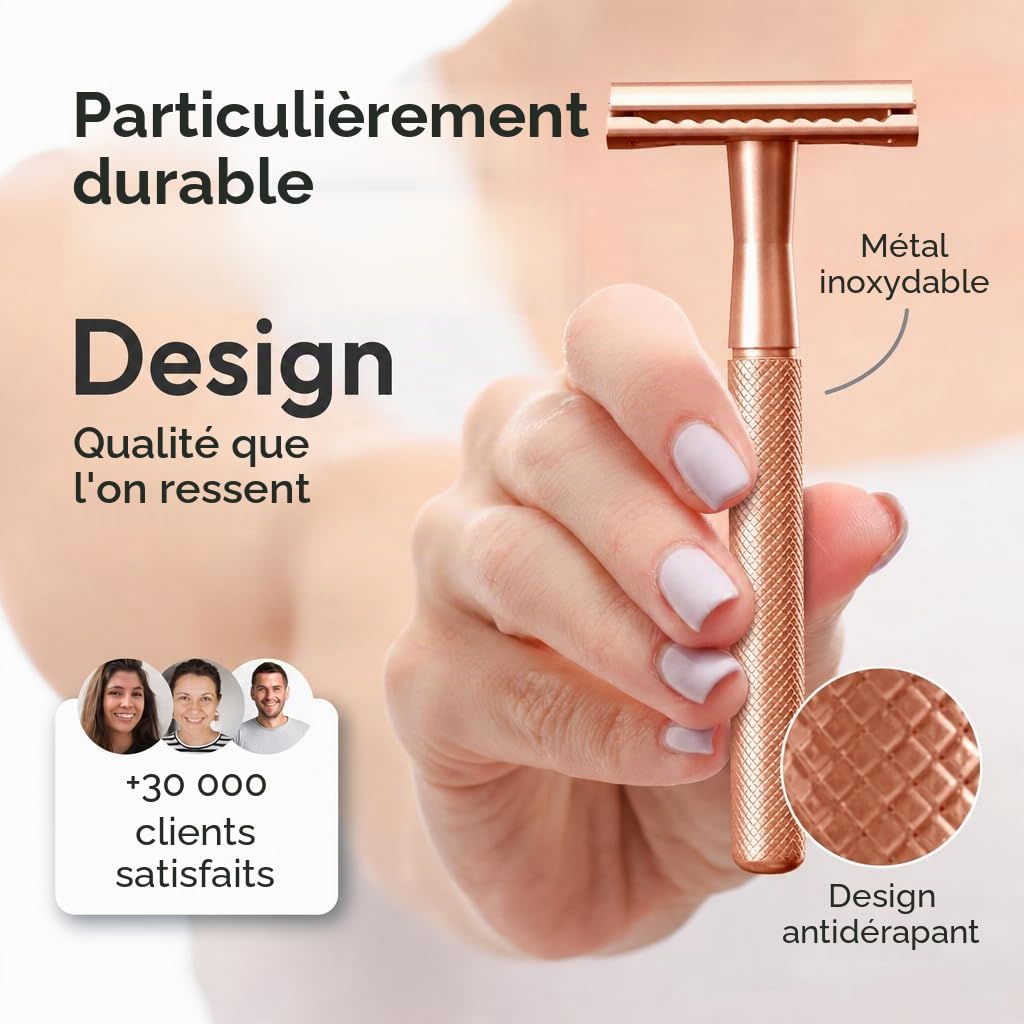 Rasoir de Surete Or Rose - Set femme avec support et 5 lames ASTRA - Rasoir métallique sans plastique