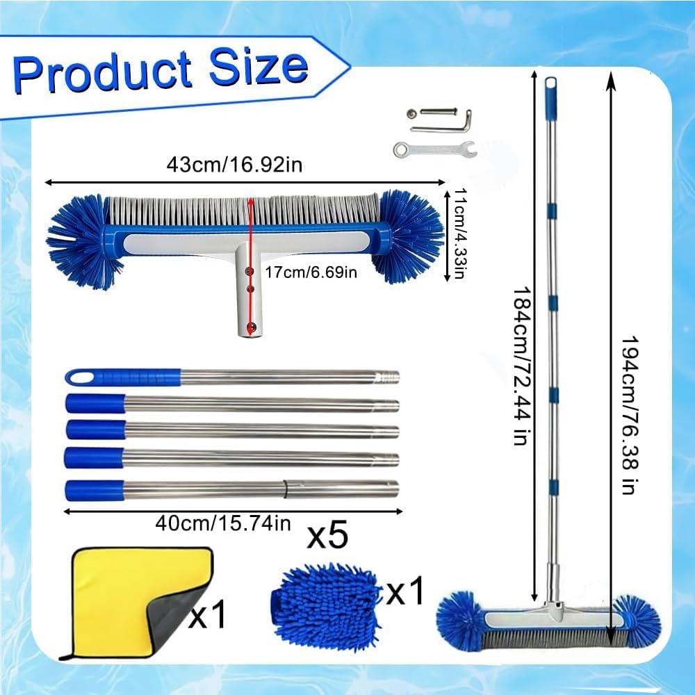Brosse de Piscine avec Tige télescopique de 194 cm de Long, Balai de Piscine de 43 cm, Tête de Brosse de Piscine avec Perche Amovible avec Tige en Acier Inoxydable réglable en Longueur - 2