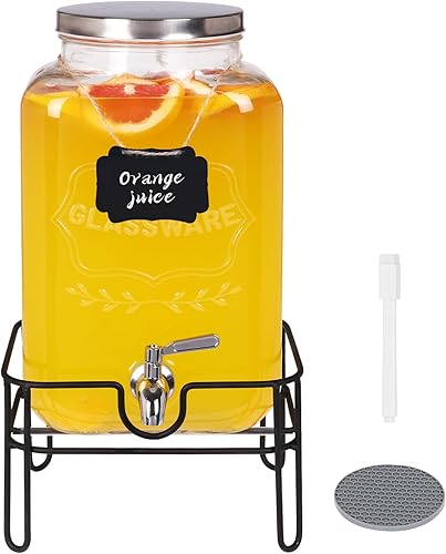 Moretoes Dispensador de bebidas de vidrio para fiestas, dispensador de bebidas de 2 galones con soporte para jugo y té helado, dispensador de jarra