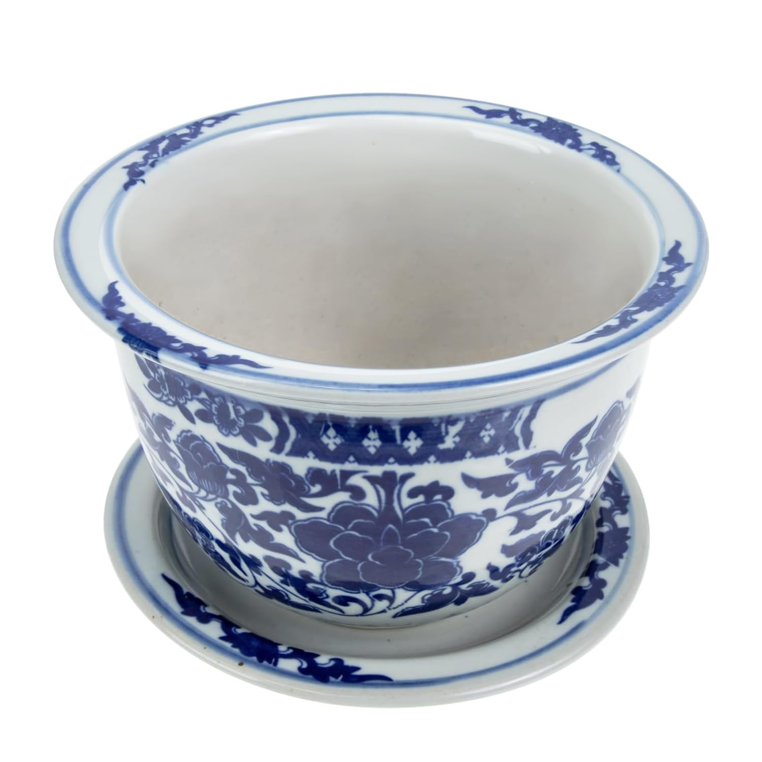 Pot de fleurs chinois en céramique bleu et blanc avec plateau Angoily