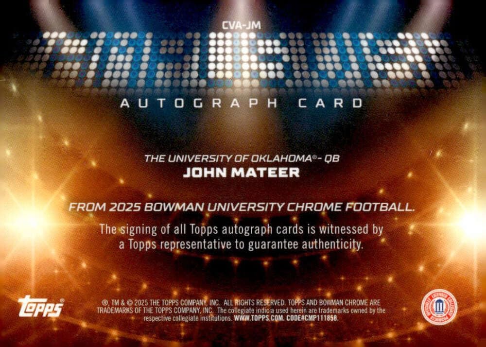 JOHN MATEER RC AUTO 2025 Bowman U Chrome Campus Visit Autograph /25 Orange #CVA-JM Pre-Rookie NCAA NM-MT Football AUTO PR:25