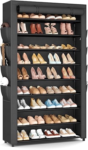 Zapatero con tapa, organizador de zapatos de 10 niveles para 40-50 pares de zapatos deportivos y botas, gran capacidad, con 8 bolsillos, zapatero