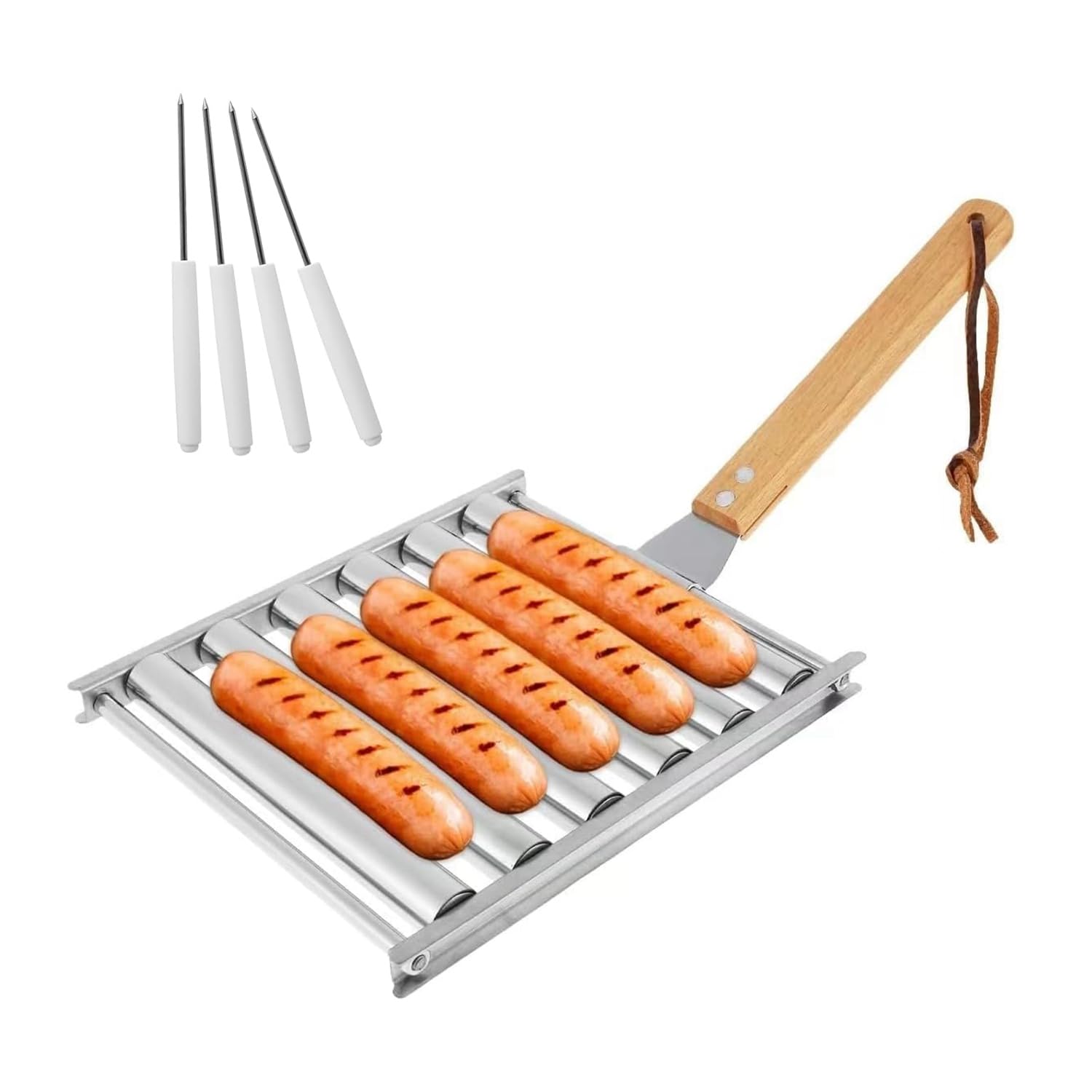 CTRLZS Hot Dog Roller Rolling Hot Dog Rack with Wood Handle, BBQ Hot Dog Griller for Evenly Cooked Hot Dog