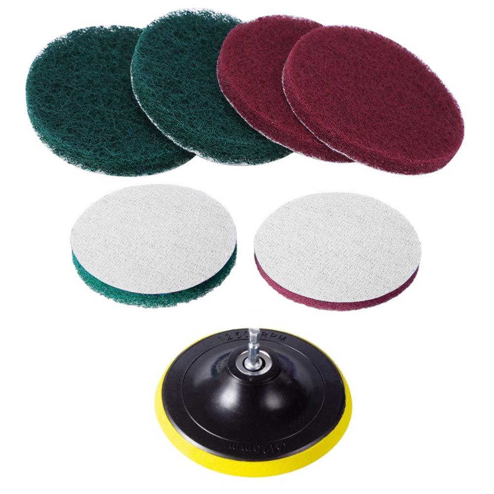 7 Piece 5 Inch Power Scrub Pads Drill Attachment Kit Includes Pad Holder Scrubbing Pads Red Green for
