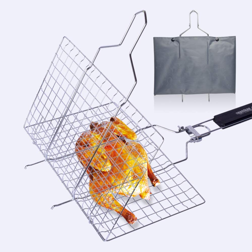 Cestello per verdure per grigliare, cestello per grigliate di pesce, accessori per barbecue, griglia per barbecue pieghevole in acciaio inossidabile con manico in legno rimovibile per cucinare alla