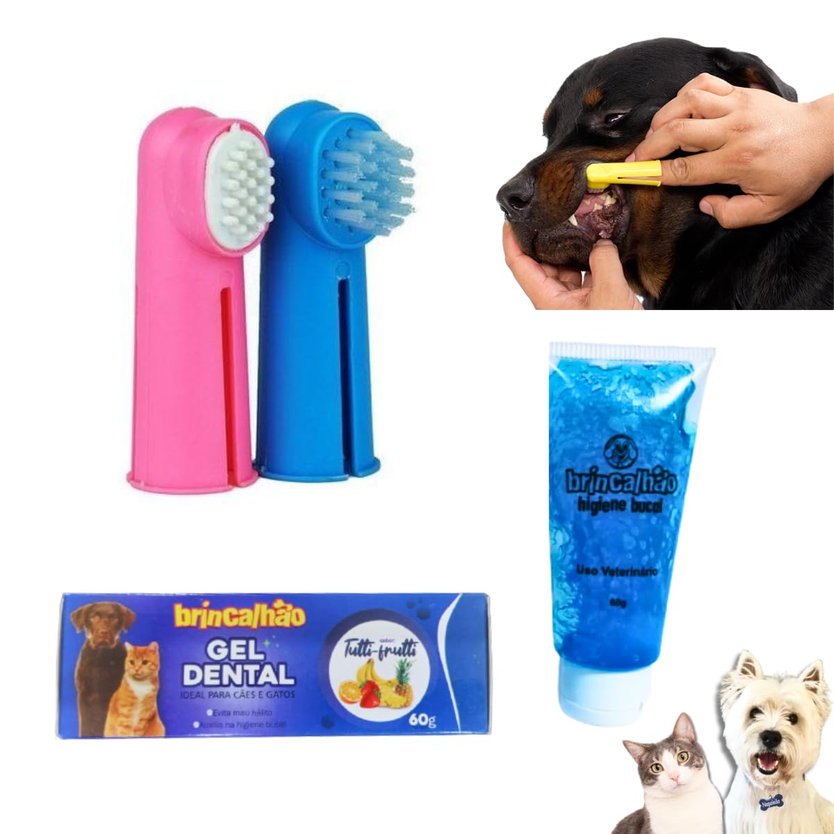 Escova de Dente para Pet Dedeiras + Gel Dental Kit Higiene Bucal ...
