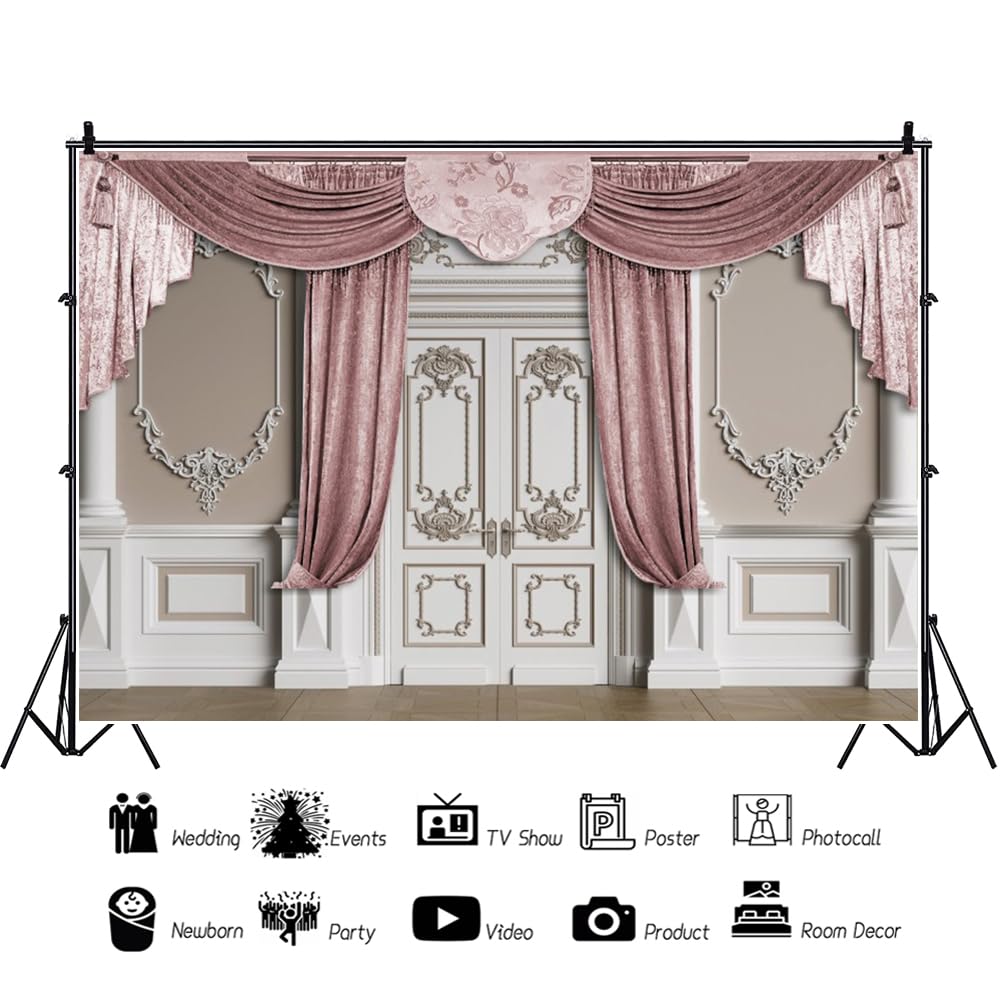 10x7ft Rosa Valance Poliestere Backdrop Jacquard Bianco Porta Castello Fotografia Sfondo Moderno Classico Sfondi per Bambini Compleanno Party Decor Wedding Photo Booth Props