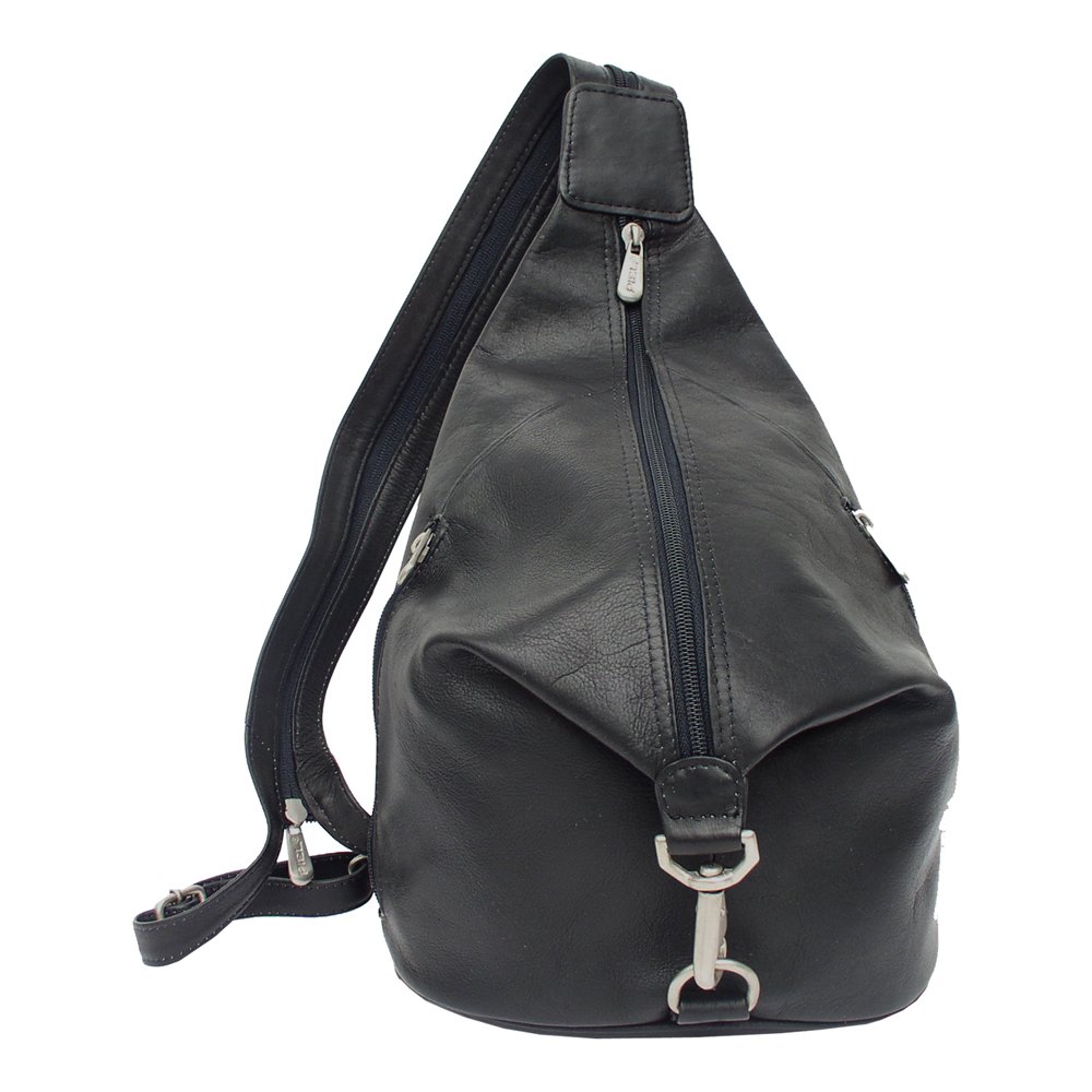 black leather hobo sling with three zips