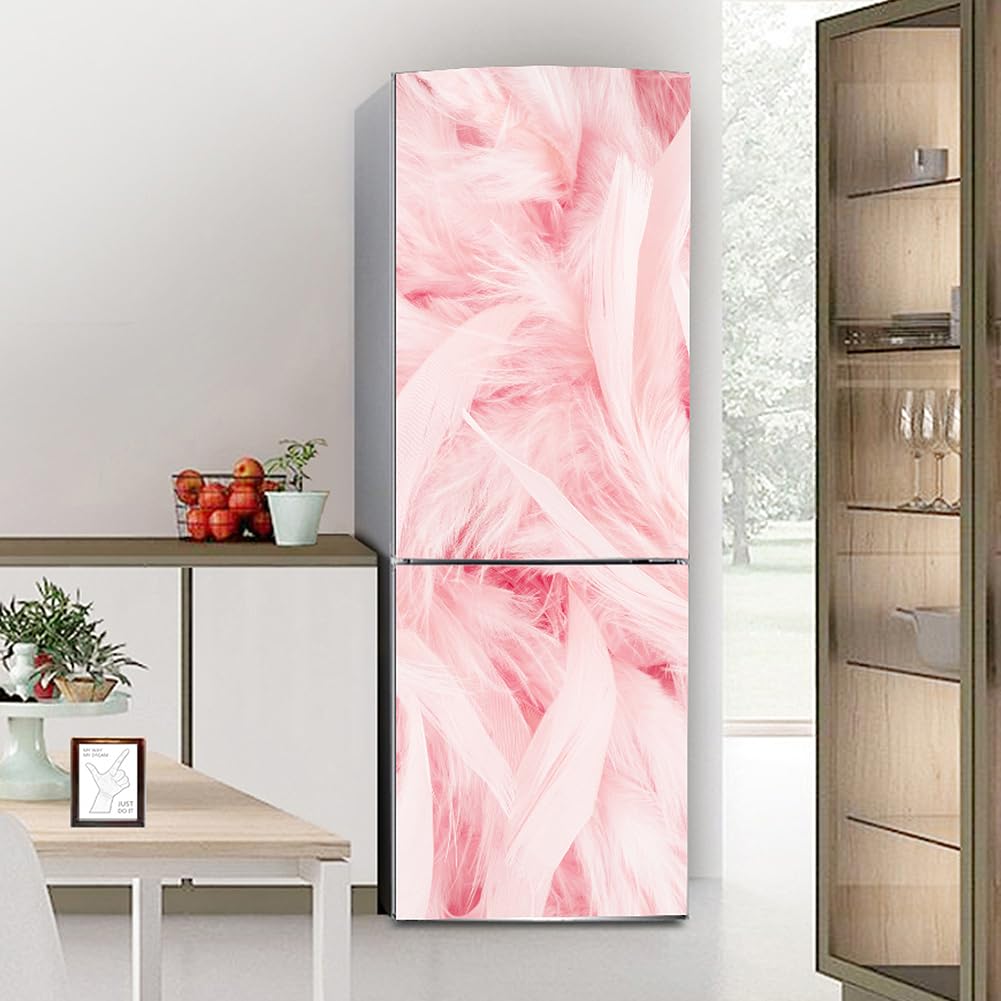 Myxjx Pink Fridge Wrap, Full Covering Door Fridge Covers Skins Wall Stickers For Kitchen Decal, Soft Feathers
