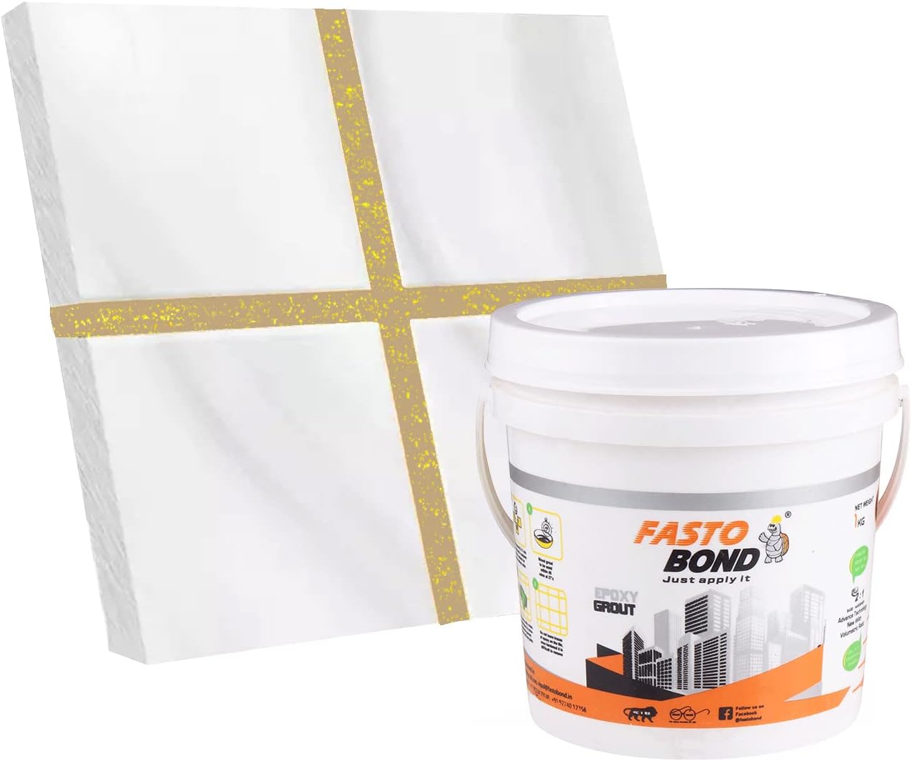 FASTO BOND Resin Epoxy Grout - 1 Kg-3 Kg & 5 Kg - Goldan_ Glitter-Sparkle Colors Tile Grout_Fastobond | 3 Components Only | Premixed Glitter For Uniform Finish (1 Kg, Iveory Golden), 1 Bucket