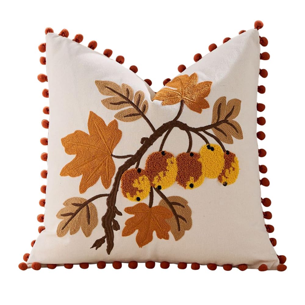 MiOYOOW Throw Pillow Cover, 18x18'' Fall Leaf Embroidery Pillowcases Decorative Cushion Covers for Thanksgiving Parties Birthdays Harvest Decoration（1PC）