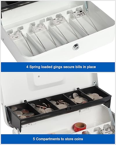 Miniatura 2 de Caja de dinero grande con bandeja de dinero y cerradura, caja de dinero para efectivo, 5 compartimentos para monedas, 4 con resorte, caja fuerte