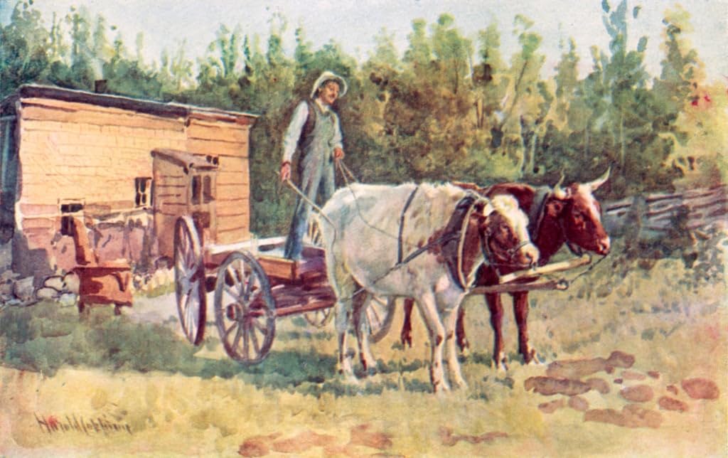 Toile murale abstraite Harold Copping cabane bœufs déco salon