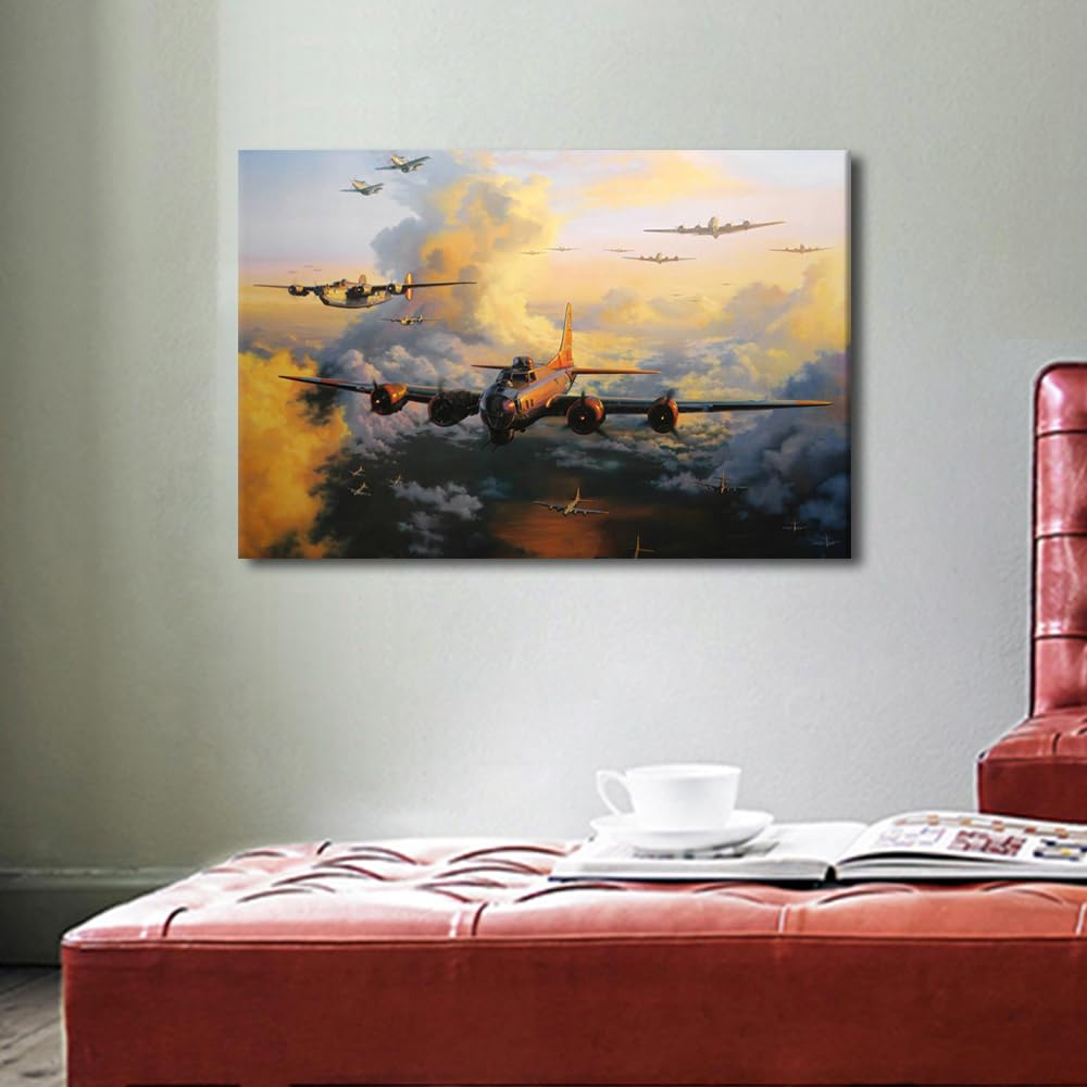 Black and White Wall Art 1 Panel WWII Airplanes Paintings Military Aircraft Pictures Print on Canvas Wall Decor Winter Decoration for Living Room Bedroom Framed Gallery-Wrapped Ready to Hang 24x16 in - Image 3