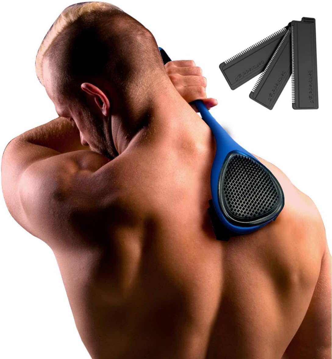 BakBlade 2.0 Elite Back Shaver for Men With Silicone Handle For Grip | Exfoliator Brush Included, 3 Rows of Blades, Ergonomic Foldable Handle, Wet & Dry Shaving, Includes Our Safe Dryglide Blades