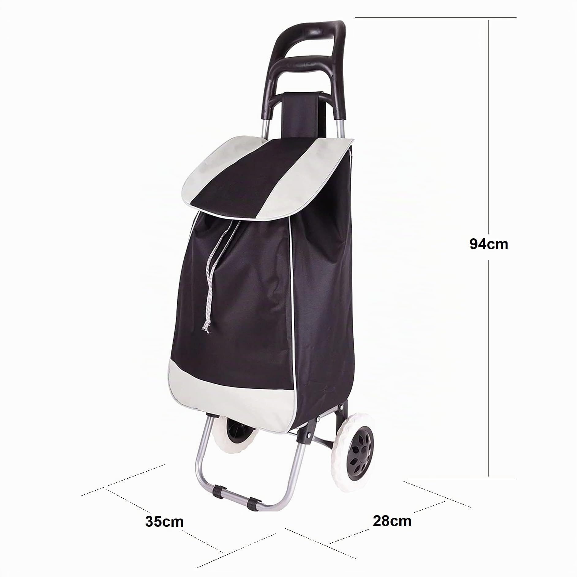 Carro de la Compra Ligero, Capacidad de Carga 42 litros, Bolsillo Frontal con Cremallera, con Ruedas Resistentes a la Lluvia, para la Compra de Alimentos, 35x25x94cm, Grande (Negro)