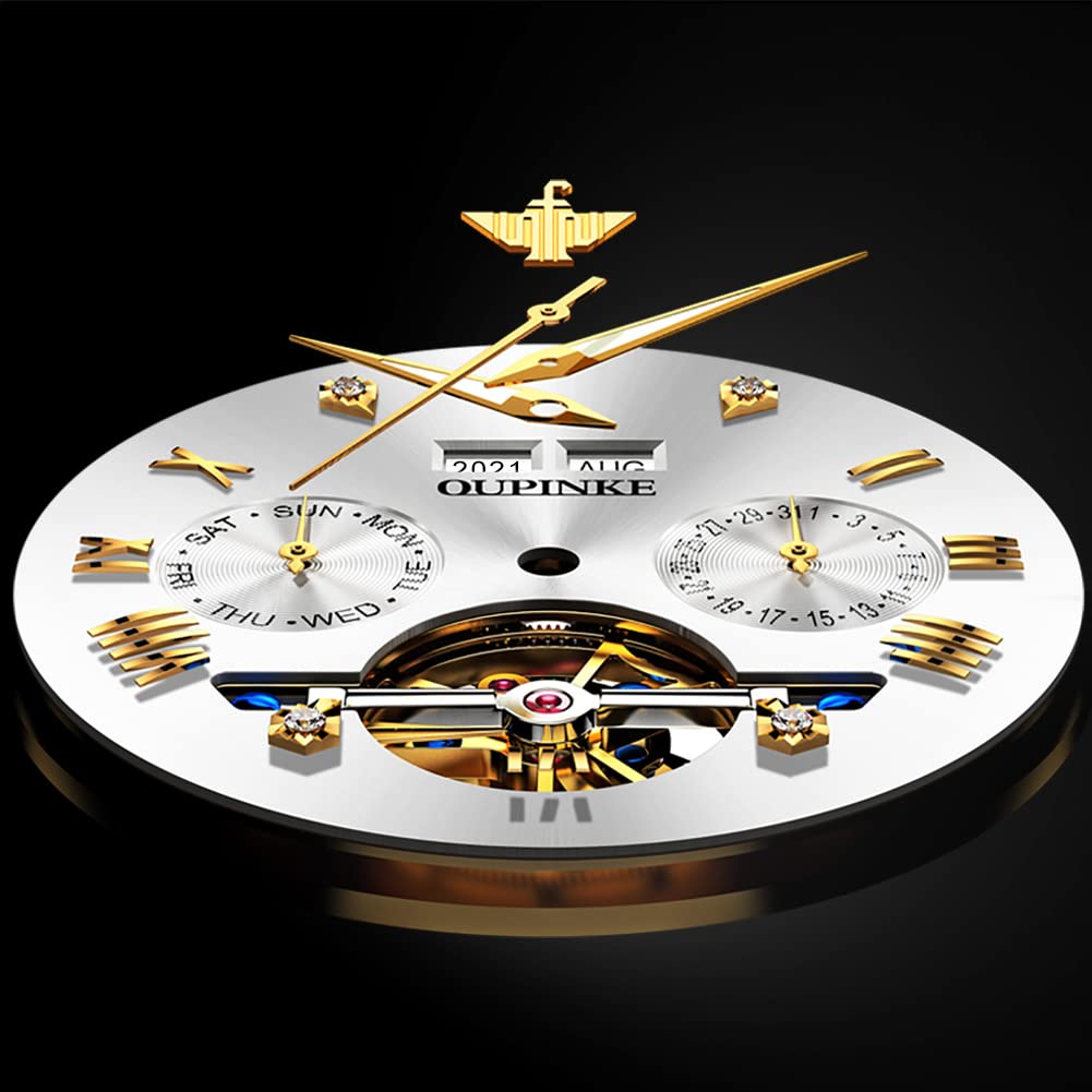 OUPINKE Reloj automático para Hombre con Esfera Plateada Esqueleto Tourbillon, Movimiento automático, Cristal de Zafiro, Impermeable, Luminoso, Ventana de Mes y año, Color Blanco