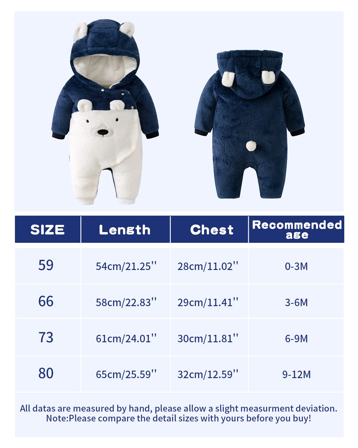 WYTbaby Combinaison Bebe Hiver Polaire Combinaison Pilote Bébé à Capuche, Manches Longues Ours Combinaison de Neige
