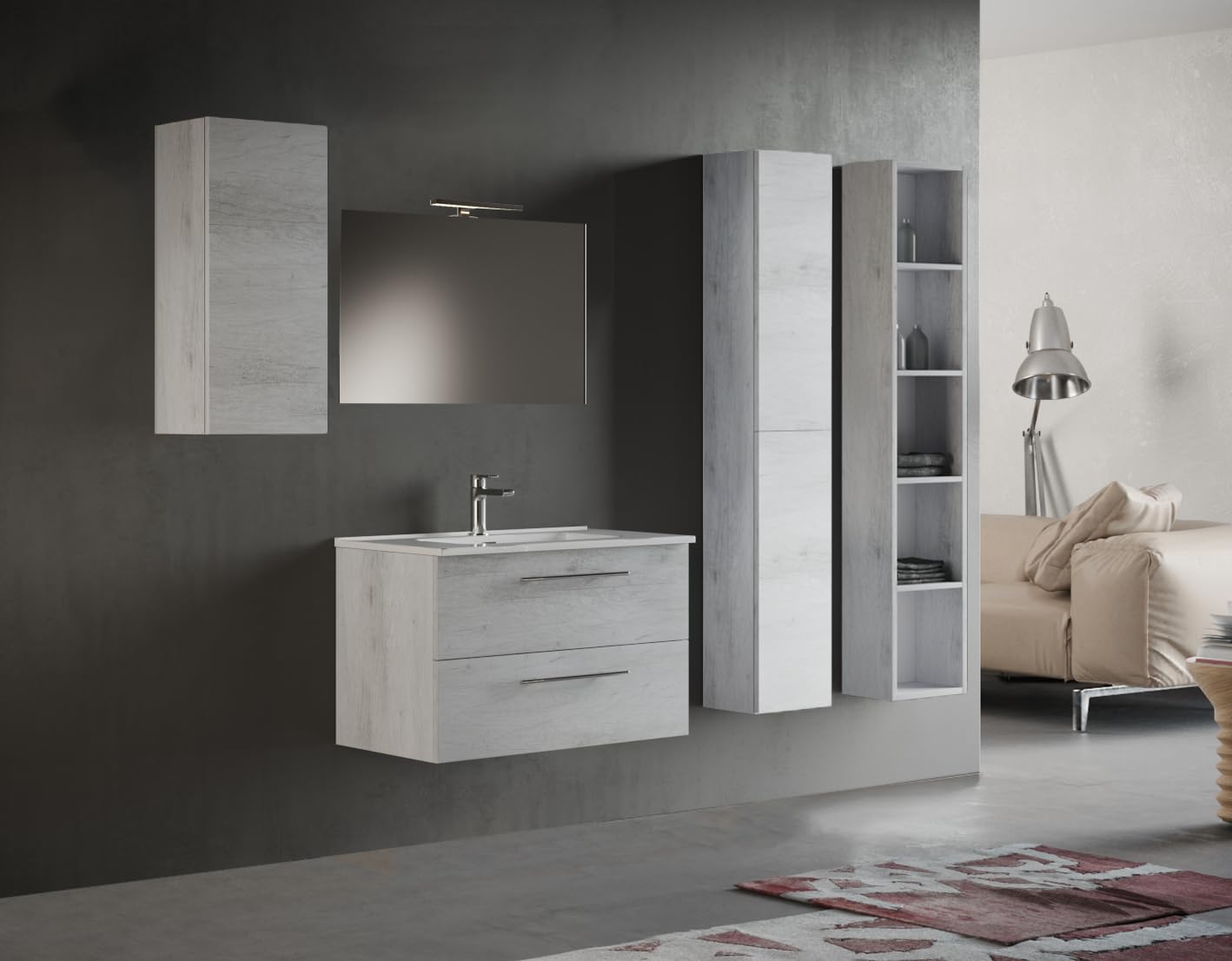 Mama Store IRIS 80 - Mobile Bagno Sospeso IN KIT DA MONTARE 80 CM QUERCIA BIANCO con Lavabo, Specchio e Lampada LED, L.81 X P.47 X H.53 cm