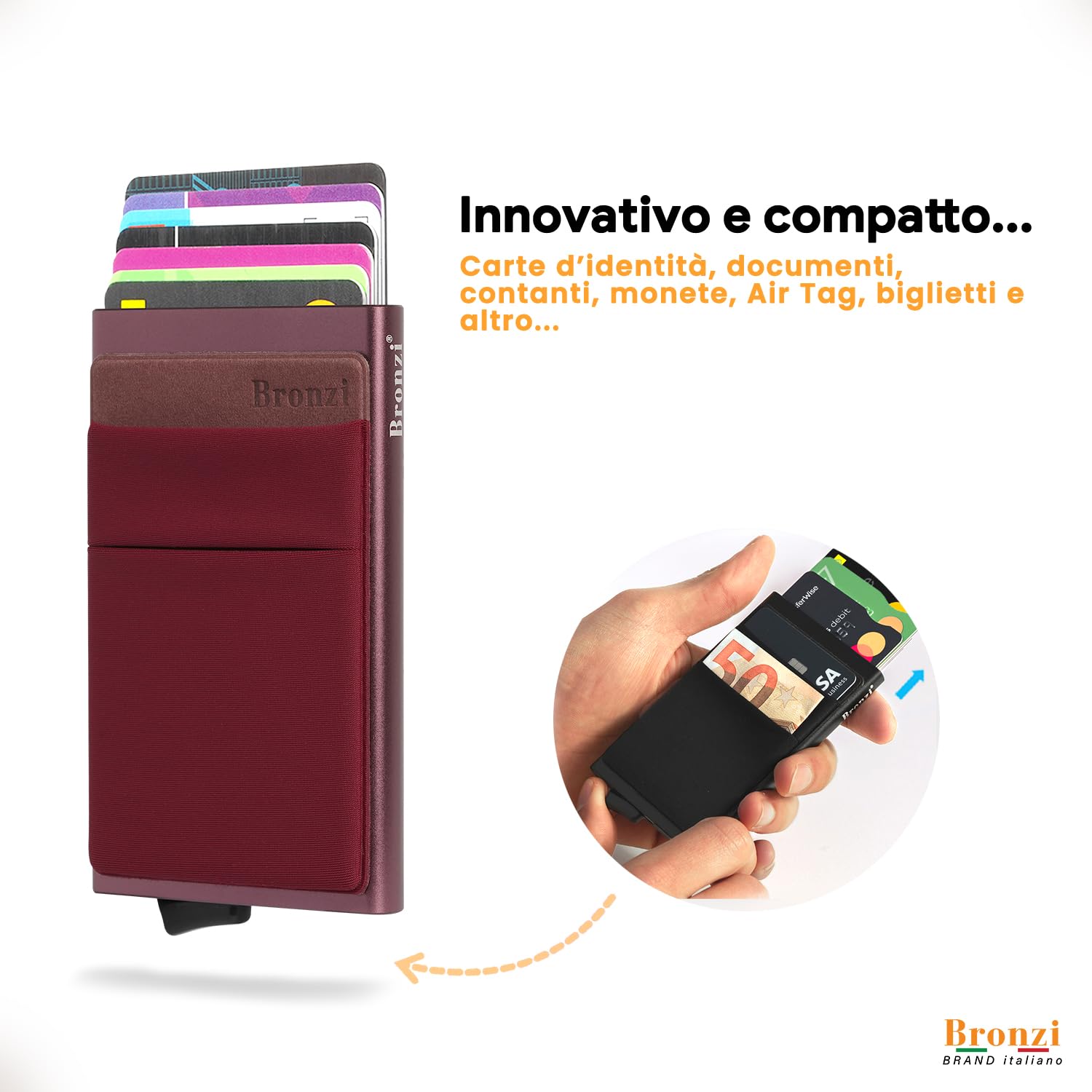Bronzi® Portafoglio Porta badge Uomo Donna Slim Porta Carte Credito - Protezione RFID - Mini Portatessere tascabile smart (Rosso Vino)