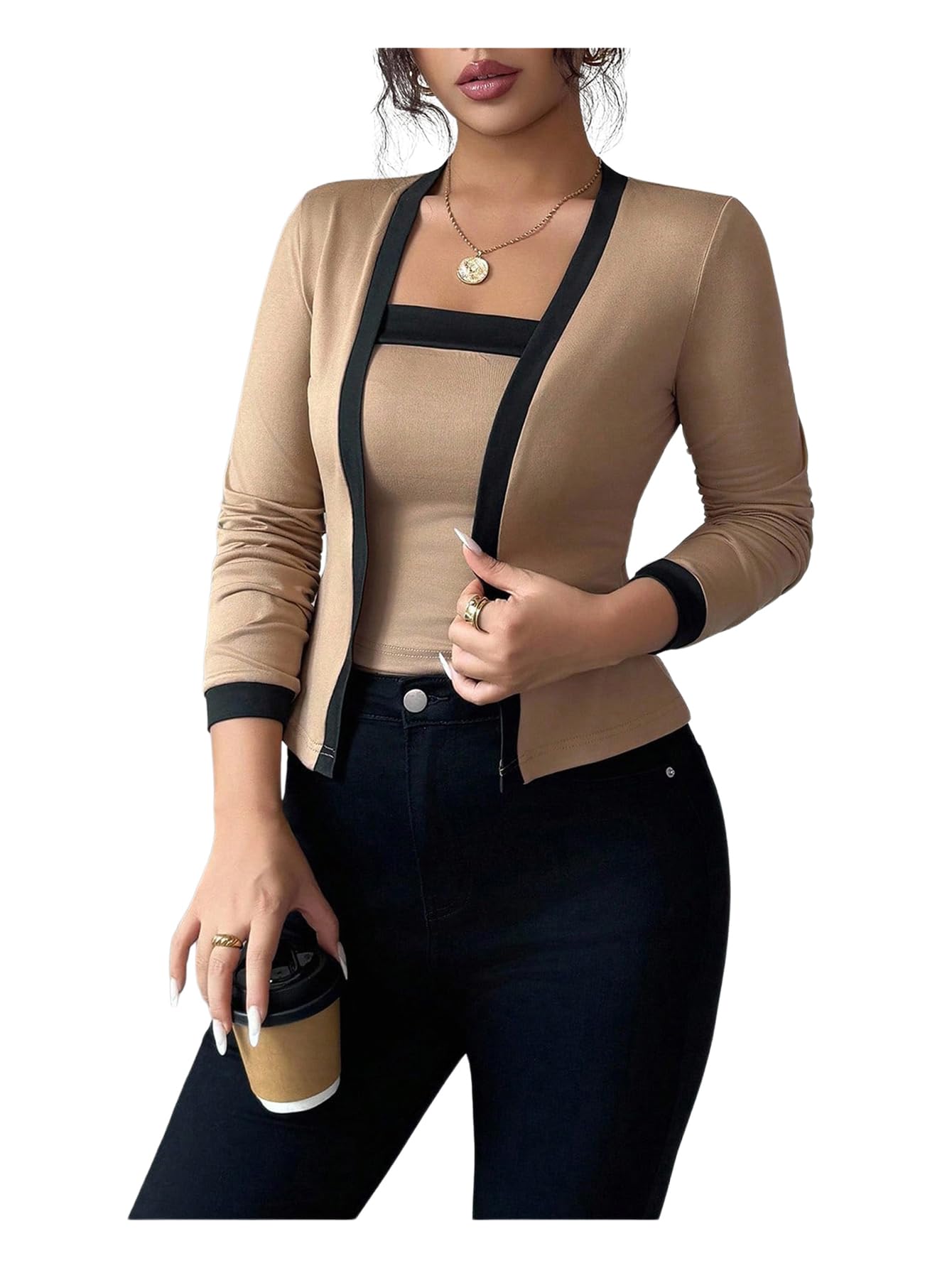 Milumia Womens 2 Piece Set Long Sleeve Color Block Cardigan with Tube Top Fall Outfits