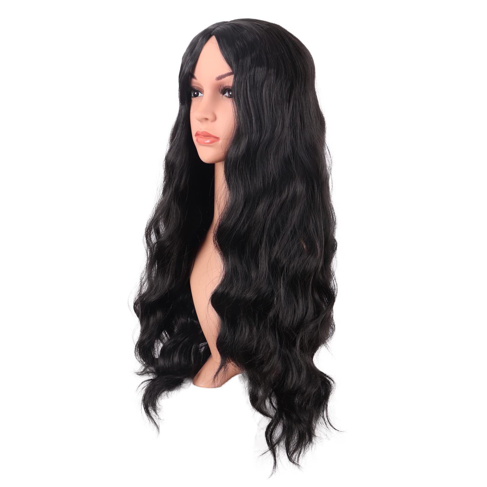 MapofBeauty 28 Pulgada/70 cm Largo Wavy Pelucas Middle Part Sintética Fibras Rizo Cabello Reemplazo Peluca Para Fiesta de Cosplay Diario (Negro) - 4