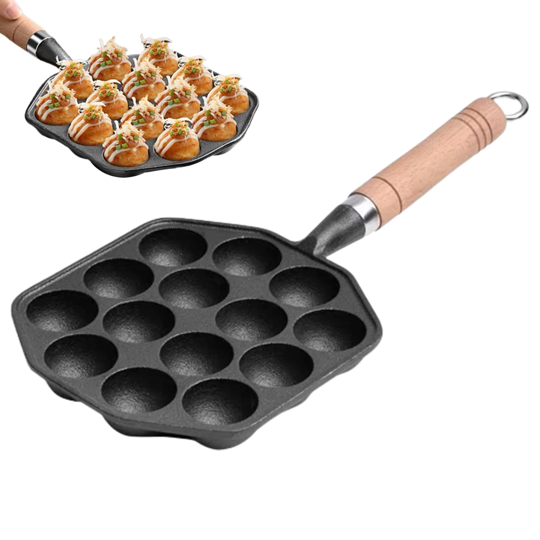 Takoyaki-Pfanne mit 14 Löchern, antihaftbeschichtete Gusseisenpfanne, abnehmbarer Griff