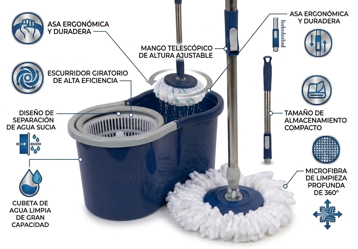 Cubo Fregona y Fregona Giratoria 360° con Escurridor Centrifugado, Mopa con Cubo Escurridor de Microfibra, Sistema de Limpieza para Parquet, Mármol, Laminado y Baldosas, 8,5-9 L