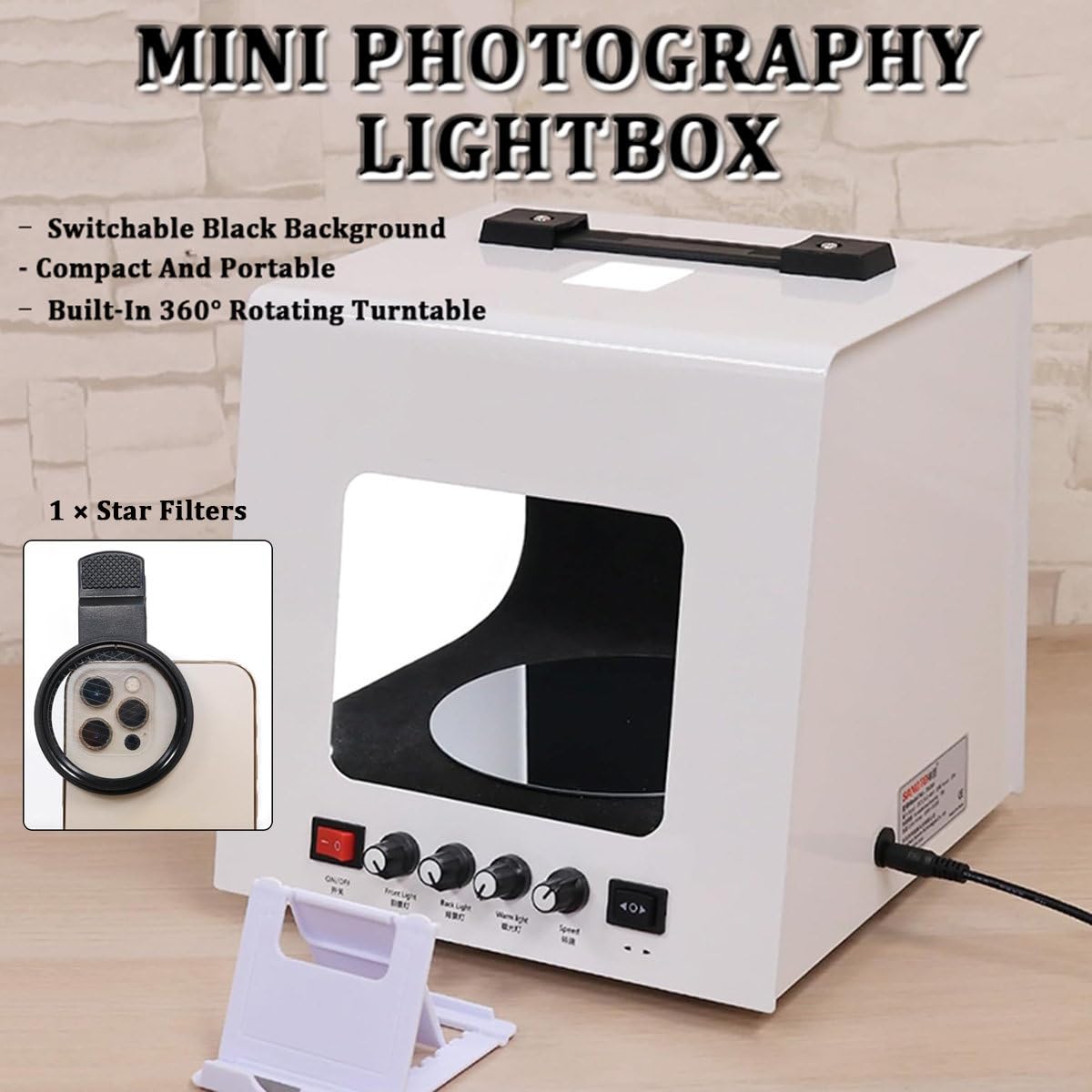 Boîte à lumière photo avec lumière LED réglable de 3000 à 5500 K et filtres étoilés, pour la photographie de bijoux, à suspendre ou à placer