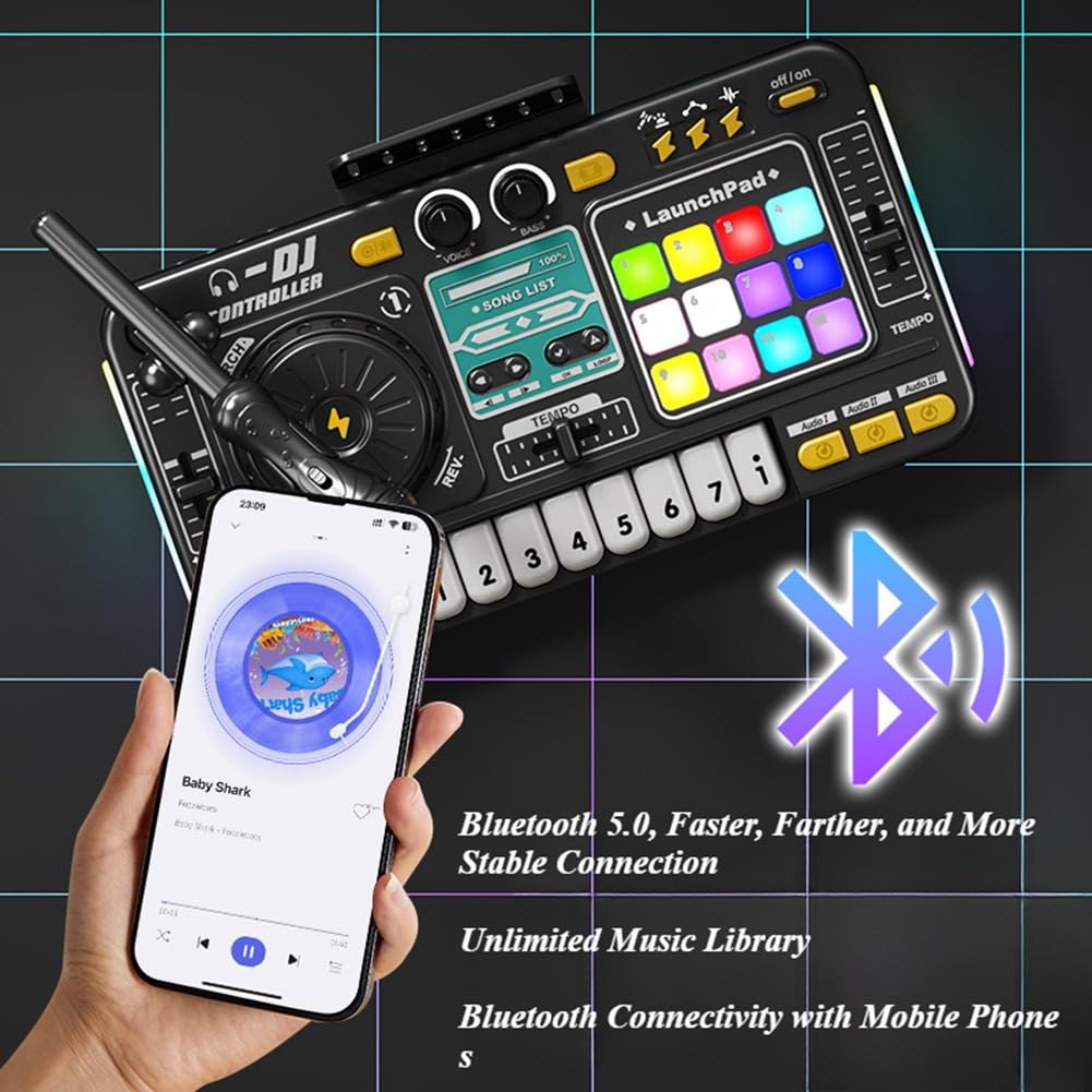 Tastiera Elettronica con Bluetooth Controller DJ Turntable Mixer per Bambini con Microfono Strumento Musicale Regalo per Bambini Giocattolo