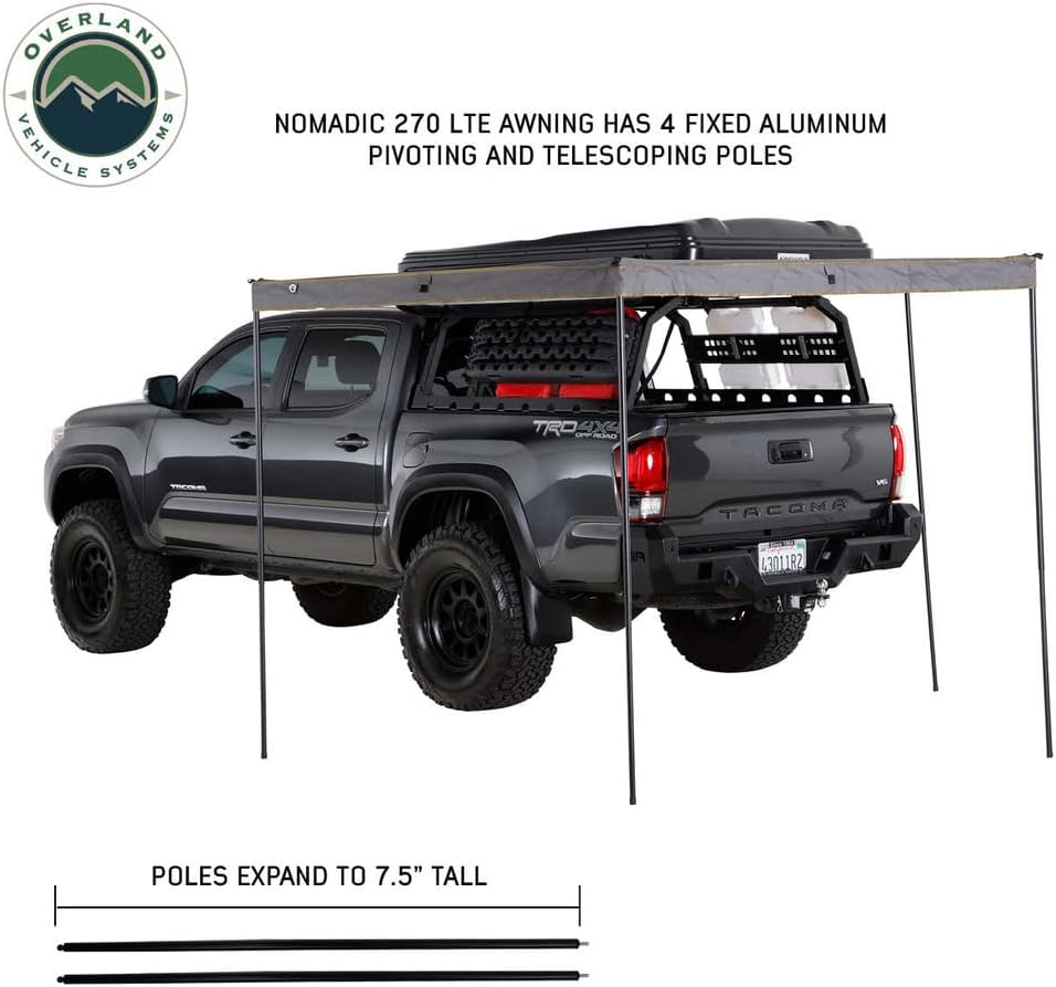 Overland Vehicle Systems 19679907 HD Nomadic 270 LTE Awning Driver Side | 65 Sq Ft of Coverage | Dark Gray Fabric with Black Travel Cover Included | Twist and Lock Technology | Heat-Sealed Seams
