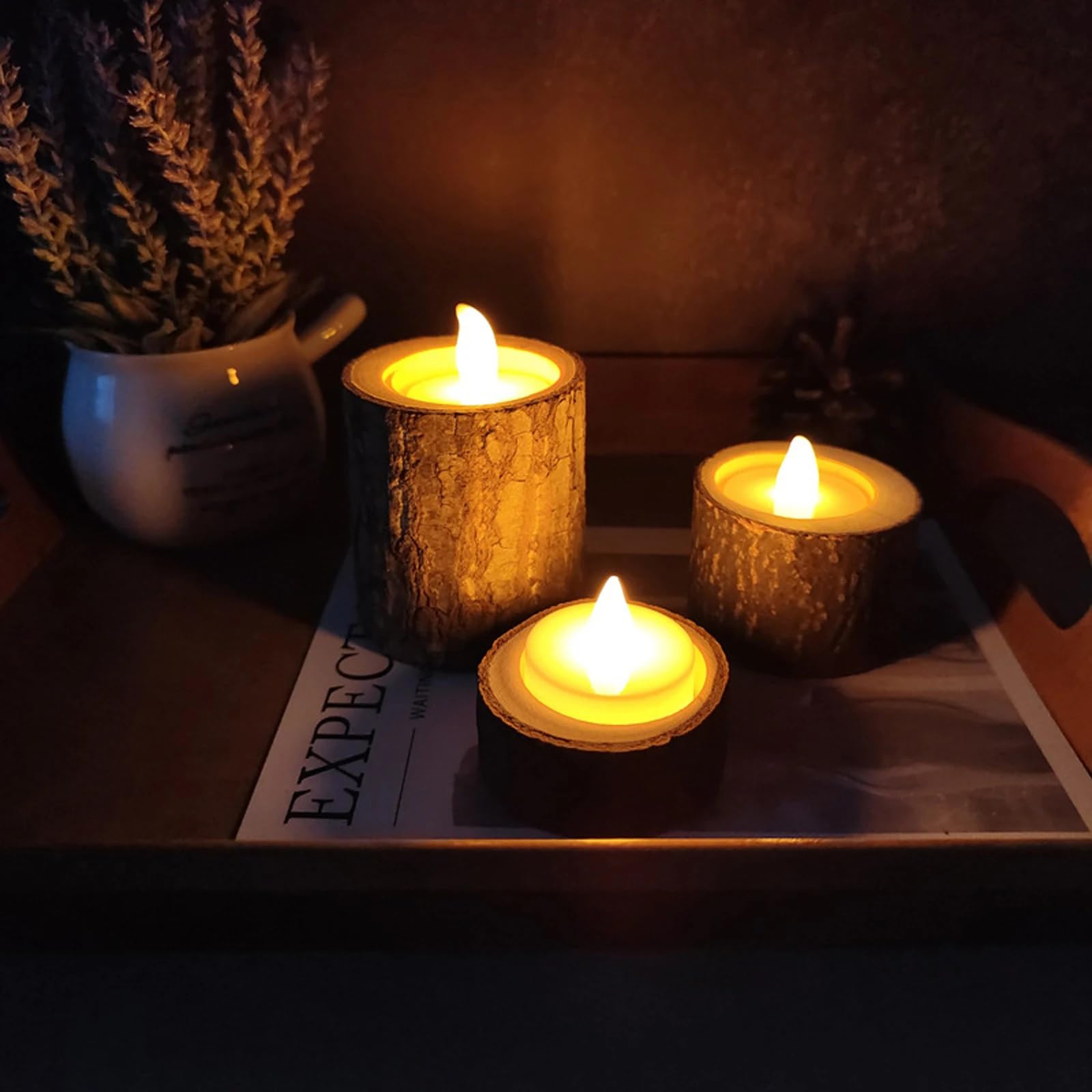 Lot De 12 Bougeoirs En Bois EMAGEREN - Photophores Naturels - Pour Bougies Votives - Décoration Mariage Ou Fête