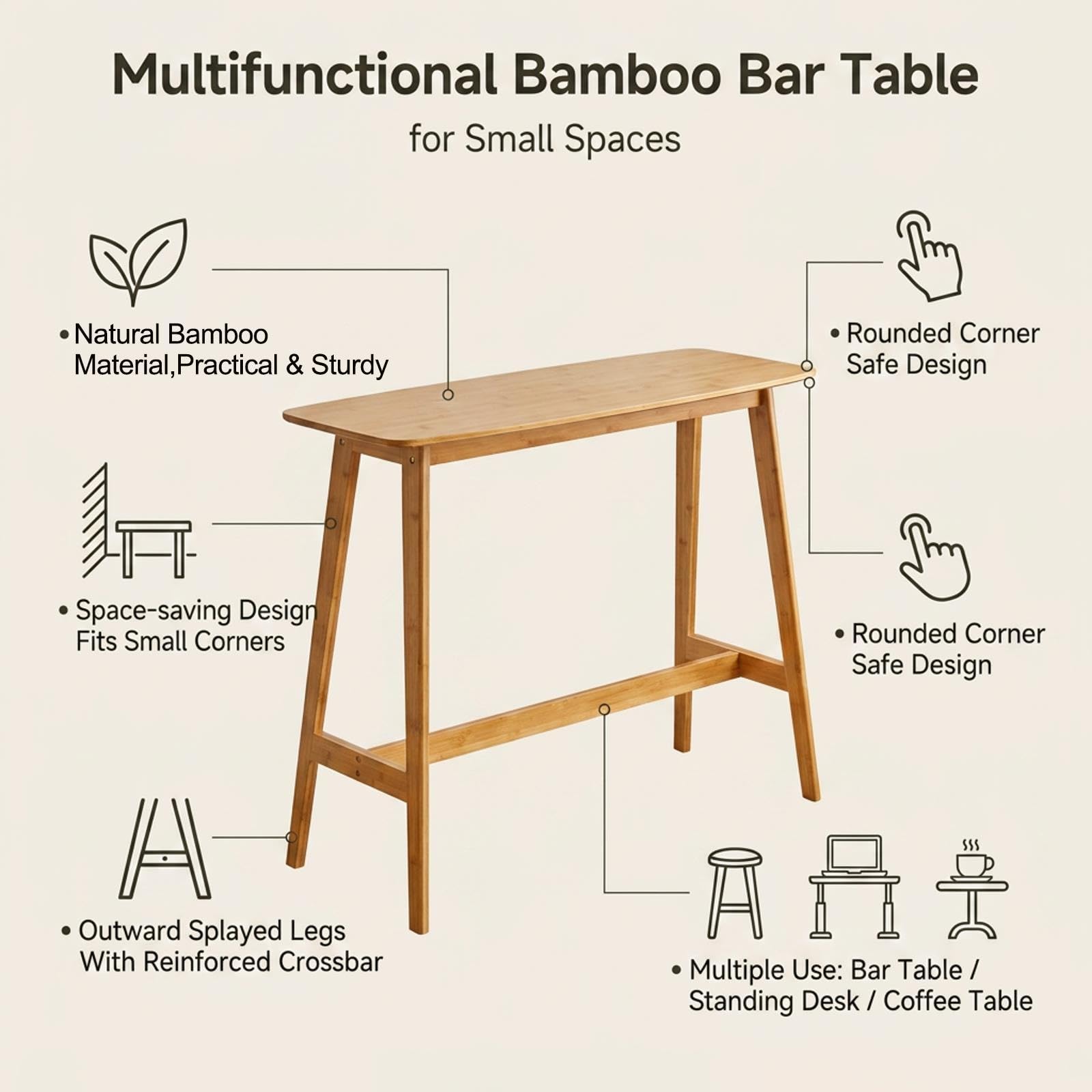 Table Haute Rectangulaire Étroite,Table de Bar Rectangulaire en Bois