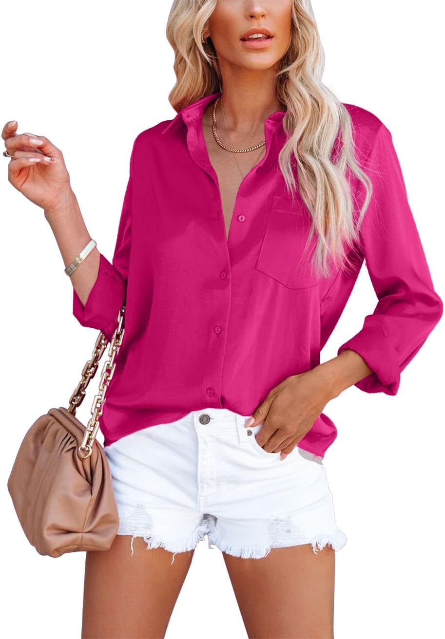 Women's Button Down Shirts Satin V Neck Long Sleeve Casual Work Blouse Tops with Pocket