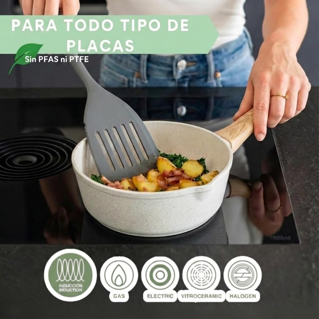 QUTTIN - Cazo Ecook 16 cm Antiadherente Cerámica PFAS Free, Aluminio Reciclado, Sin Tóxicos, Apto para Inducción Gas Vitro Eléctrico Halógeno, Mango Detalle en Madera