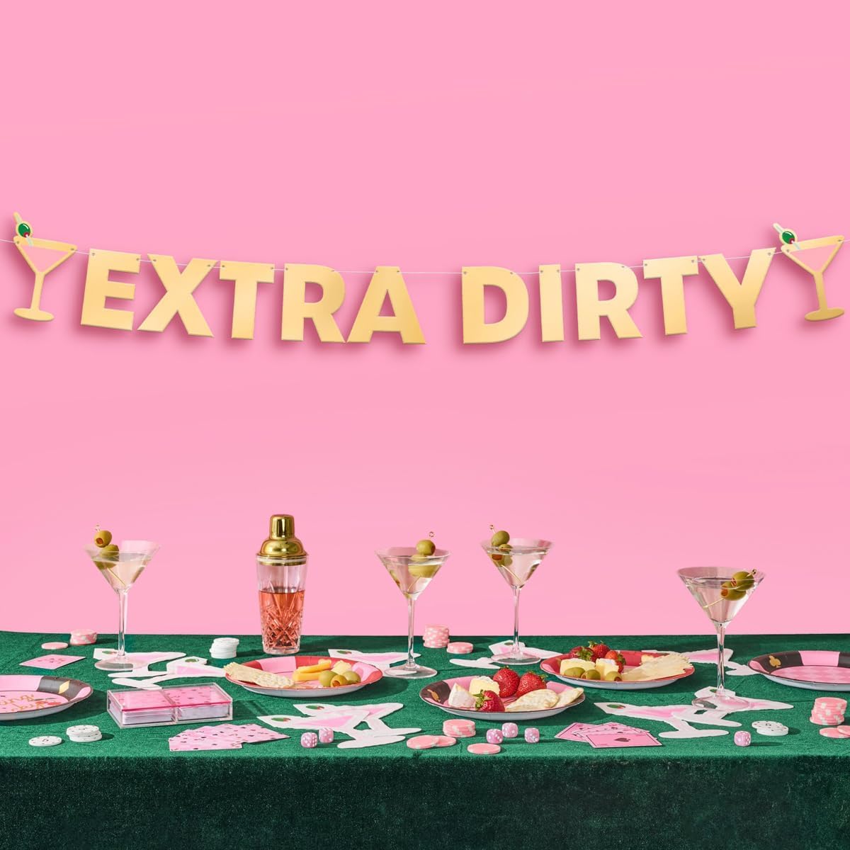 Extra Dirty Martini Gold Foil Banner - 5 Ft. | Bachelorette Decoration, Birthday Party Sign, Casino Decor, Girl Cocktail Backdrop, Vegas Photo Booth Background