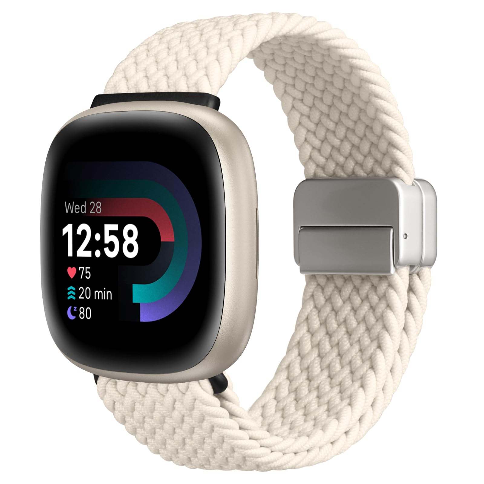 FINTIE Magnetic Braided Stretchy Band Compatible with Fitbit Versa 4 3, Soft Woven Nylon Sport Elastic Replacement Strap Wrist Bands (starlight)