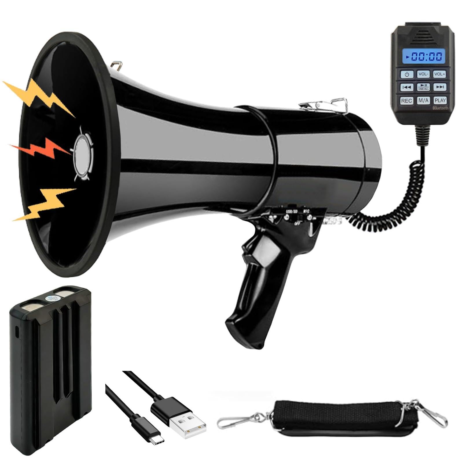 Mégaphone Transportable 100W, Portée Maximale 2000m, Fonctions Enregistrement et Bluetooth, Megaphone Porte Voix avec Bandoulière Réglable